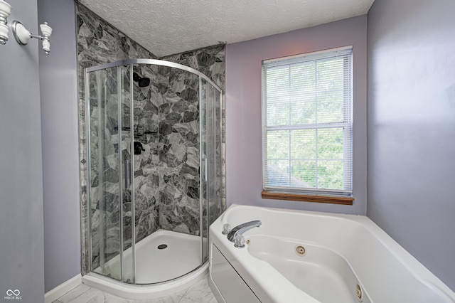 1143 Kinross Dr, Avon, IN 46123 - full bathroom featuring a jetted tub, healthy amount of natural light, a shower stall, marble finish floors, and a textured ceiling