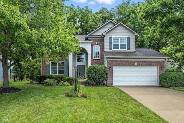 8612 Weaver Woods Pl, Fishers, IN 46038 - view of front of property with brick siding, driveway, a front yard, an attached garage, and roof with shingles