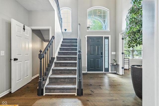 8612 Weaver Woods Pl, Fishers, IN 46038 - entrance foyer featuring stairway, wood finished floors, plenty of natural light, and a towering ceiling
