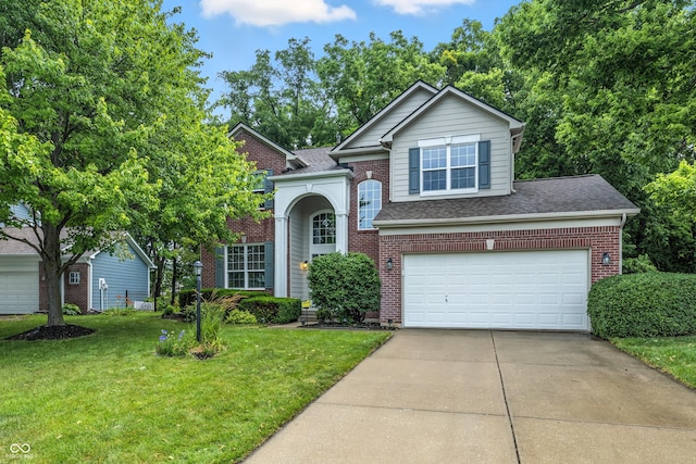 8612 Weaver Woods Pl, Fishers, IN 46038 - traditional-style house with brick siding, concrete driveway, a front lawn, an attached garage, and roof with shingles