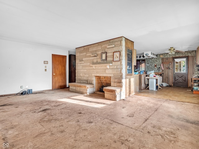 4484 S County Road 315 W, Greencastle, IN 46135 - unfurnished living room featuring a fireplace and ceiling fan
