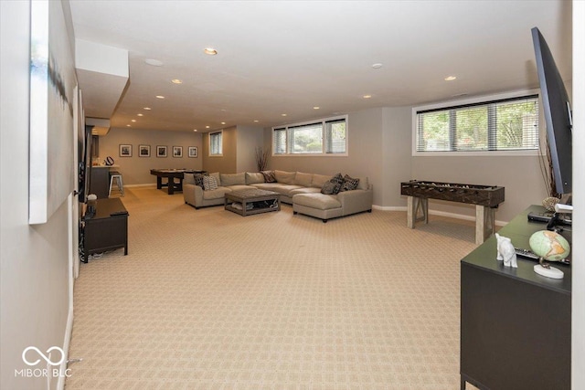 13023 Water Ridge Dr, Mccordsville, IN 46055 - living room featuring light carpet and recessed lighting