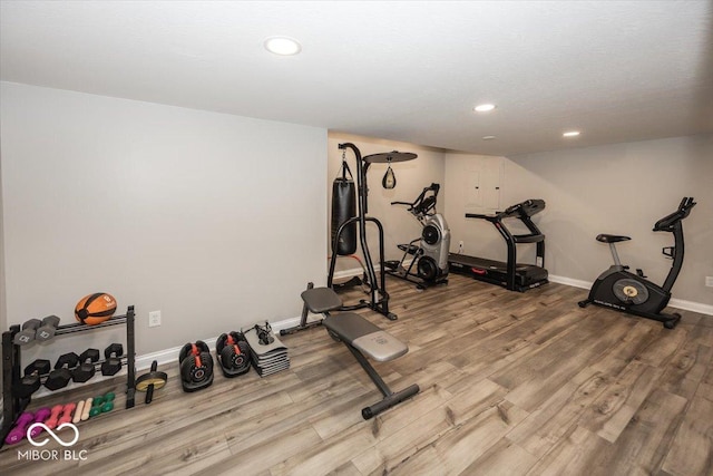 13023 Water Ridge Dr, Mccordsville, IN 46055 - exercise room featuring wood finished floors and recessed lighting
