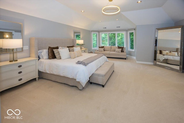 13023 Water Ridge Dr, Mccordsville, IN 46055 - bedroom with light carpet, recessed lighting, and lofted ceiling
