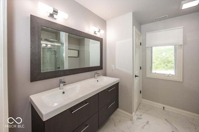 13023 Water Ridge Dr, Mccordsville, IN 46055 - bathroom with marble look tiles, double vanity, and a shower stall