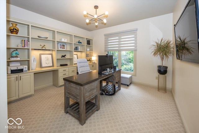 13023 Water Ridge Dr, Mccordsville, IN 46055 - home office featuring light carpet, a chandelier, and built in study area