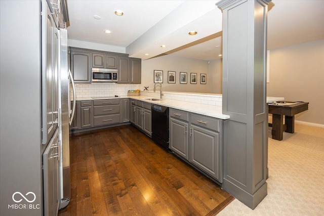 13023 Water Ridge Dr, Mccordsville, IN 46055 - kitchen with gray cabinets, black appliances, recessed lighting, decorative backsplash, and dark wood-style flooring