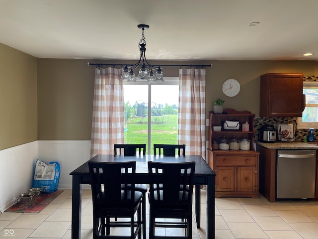 1042 S County Road 600 W, Danville, IN 46122 - dining area featuring wainscoting, light tile patterned floors, a chandelier, and recessed lighting