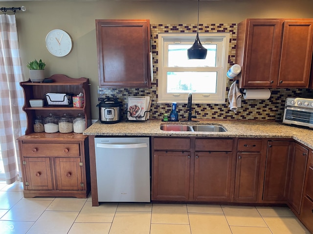 1042 S County Road 600 W, Danville, IN 46122 - kitchen featuring dishwasher, decorative backsplash, light tile patterned flooring, and light stone counters