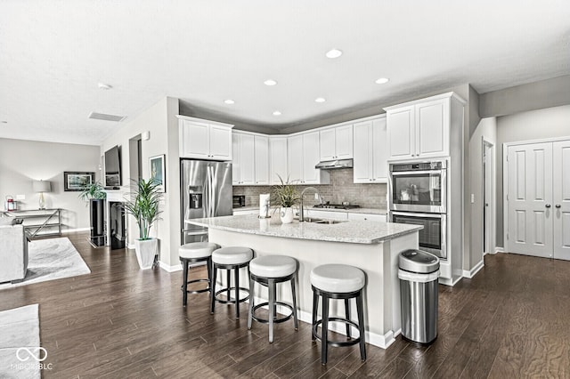 10868 Matherly Way, Noblesville, IN 46060 - kitchen featuring stainless steel appliances, under cabinet range hood, a kitchen bar, light stone counters, and a center island with sink