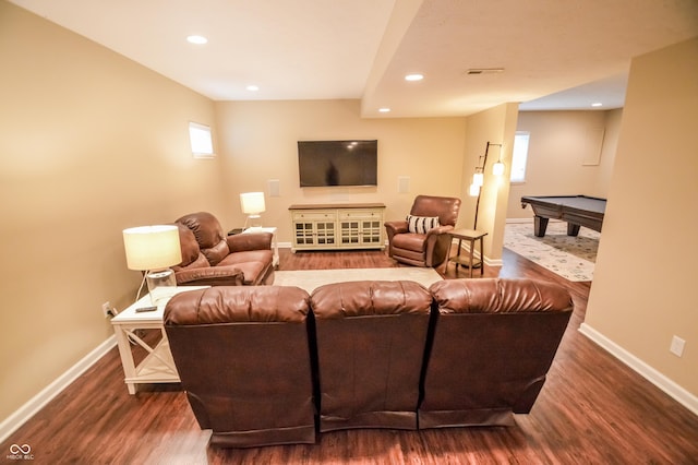 6802 Chorleywood Cir, Indianapolis, IN 46259 - living room with dark wood-style flooring, recessed lighting, and billiards table