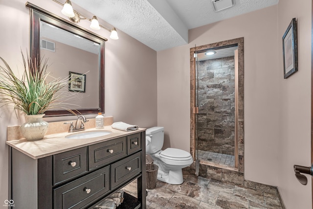 5052 Sherwood Ct, Pittsboro, IN 46167 - bathroom with vanity, a shower stall, stone finish floors, and a textured ceiling