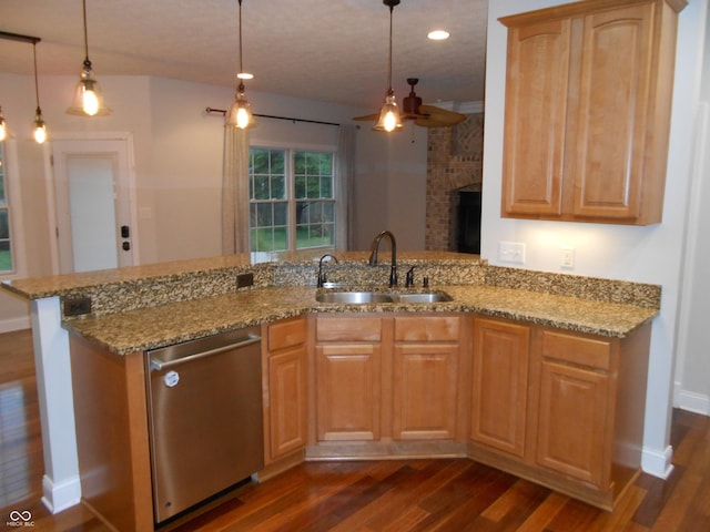 7653 W Old Colony Dr, New Palestine, IN 46163 - kitchen featuring dishwasher, dark wood-style floors, light stone counters, decorative light fixtures, and recessed lighting