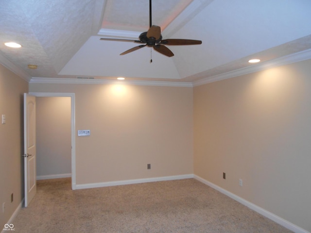 7653 W Old Colony Dr, New Palestine, IN 46163 - spare room featuring a raised ceiling, ceiling fan, light carpet, recessed lighting, and ornamental molding