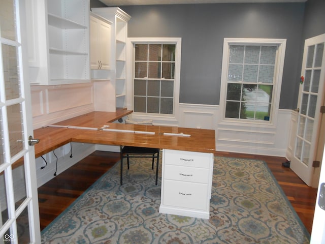 7653 W Old Colony Dr, New Palestine, IN 46163 - unfurnished office featuring dark wood-style flooring, wainscoting, and a decorative wall