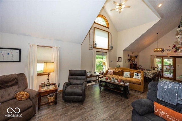 8546 N Chickadee Dr, Morgantown, IN 46160 - living room with high vaulted ceiling, wood finished floors, plenty of natural light, and a ceiling fan