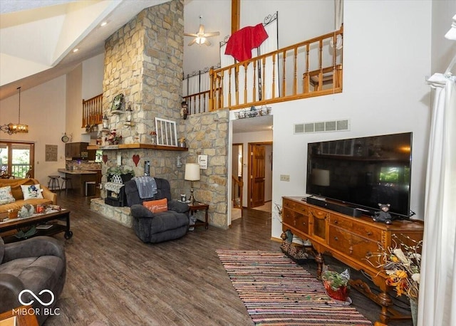 8546 N Chickadee Dr, Morgantown, IN 46160 - living room with high vaulted ceiling, wood finished floors, and ceiling fan