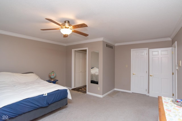 8841 Rocky Ridge Rd, Indianapolis, IN 46217 - bedroom featuring crown molding, light colored carpet, and ceiling fan
