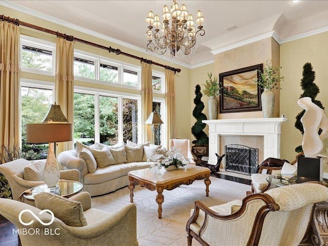 3808 Claybrook Ct, Bargersville, IN 46106 - living room with a fireplace, a chandelier, and ornamental molding