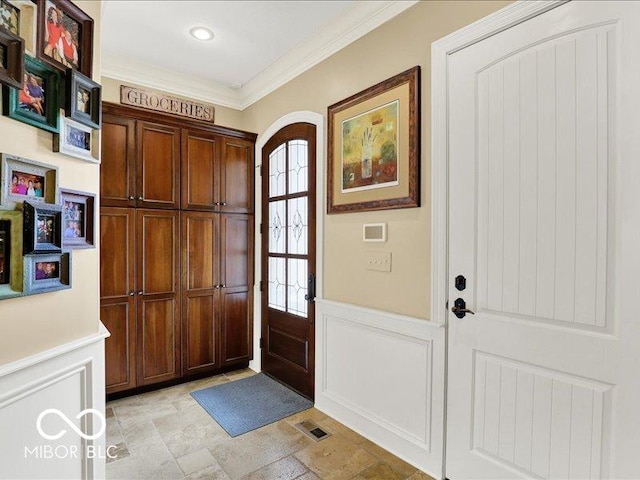 3808 Claybrook Ct, Bargersville, IN 46106 - foyer with ornamental molding, light stone finish floors, and recessed lighting
