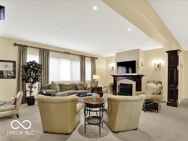 3808 Claybrook Ct, Bargersville, IN 46106 - living room featuring light carpet, a large fireplace, recessed lighting, and decorative columns