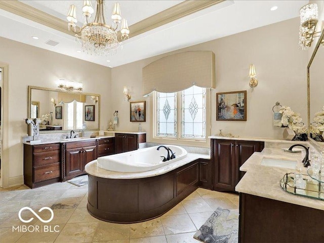 3808 Claybrook Ct, Bargersville, IN 46106 - full bath with a chandelier, a bath, two vanities, ornamental molding, and tile patterned floors