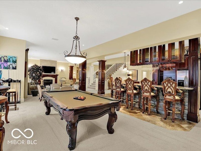 3808 Claybrook Ct, Bargersville, IN 46106 - rec room with light carpet, billiards table, a fireplace, decorative columns, and recessed lighting