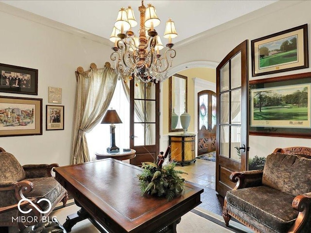 3808 Claybrook Ct, Bargersville, IN 46106 - home office featuring french doors, healthy amount of natural light, arched walkways, and ornamental molding