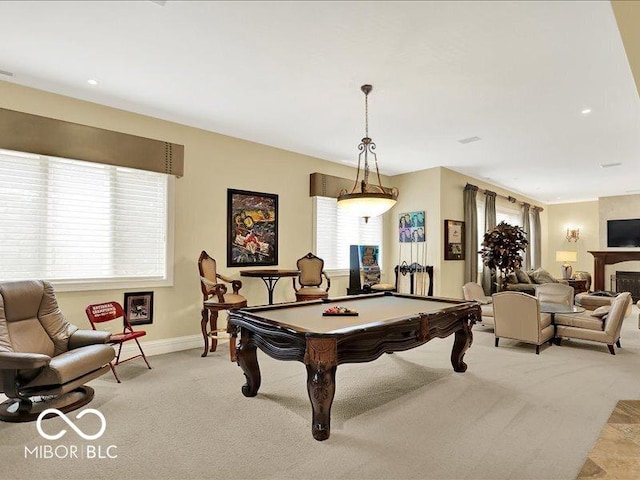 3808 Claybrook Ct, Bargersville, IN 46106 - rec room with light colored carpet, billiards table, recessed lighting, and a large fireplace