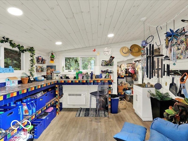3808 Claybrook Ct, Bargersville, IN 46106 - kitchen with light wood-type flooring, wooden ceiling, recessed lighting, white cabinetry, and a wall unit AC