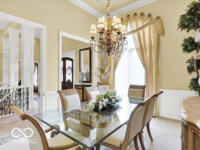 3808 Claybrook Ct, Bargersville, IN 46106 - dining area featuring a decorative wall, healthy amount of natural light, a wainscoted wall, ornamental molding, and a chandelier