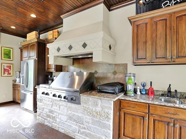 3808 Claybrook Ct, Bargersville, IN 46106 - kitchen with stainless steel fridge with ice dispenser, custom exhaust hood, crown molding, wood ceiling, and brown cabinets