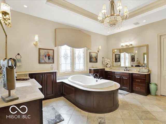 3808 Claybrook Ct, Bargersville, IN 46106 - full bathroom featuring a garden tub, a chandelier, vanity, a tray ceiling, and crown molding