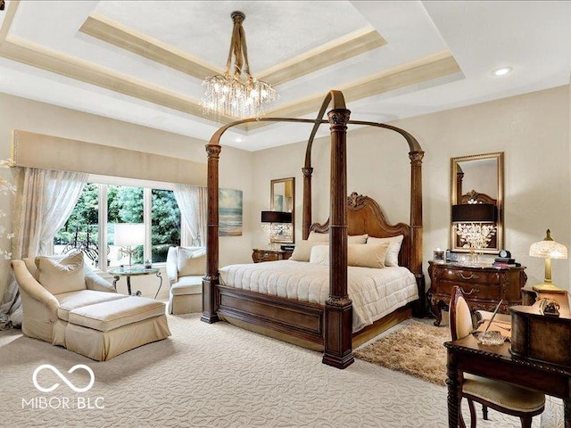 3808 Claybrook Ct, Bargersville, IN 46106 - carpeted bedroom with a raised ceiling, a chandelier, and recessed lighting
