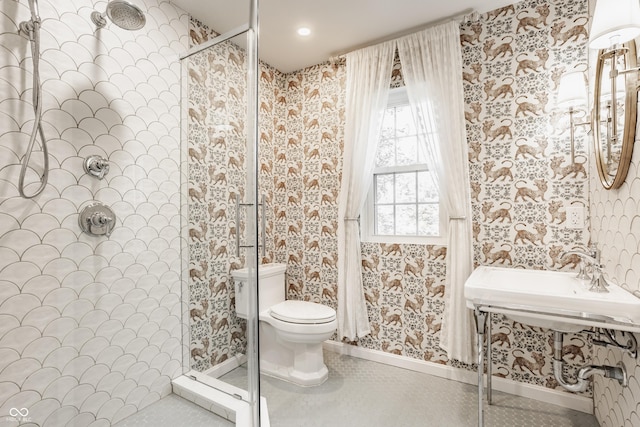 5809 N Washington Blvd, Indianapolis, IN 46220 - full bath with wallpapered walls and a shower stall