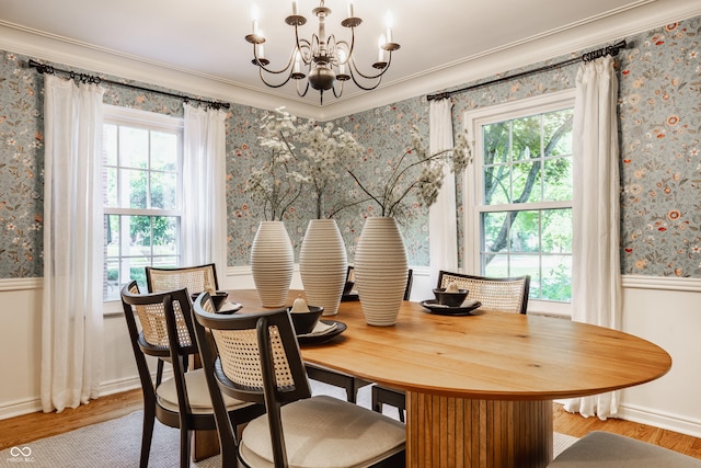 5809 N Washington Blvd, Indianapolis, IN 46220 - dining space featuring wallpapered walls, a chandelier, wood finished floors, ornamental molding, and a wainscoted wall
