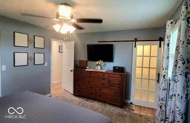 6974 S County Road 400 E, Clayton, IN 46118 - bedroom with light wood-style floors, a barn door, and a ceiling fan