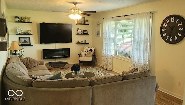 6974 S County Road 400 E, Clayton, IN 46118 - living room with wood finished floors, a glass covered fireplace, and ceiling fan