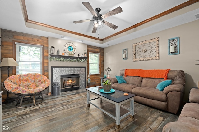 456 Old Hickory Ln, Greenwood, IN 46142 - living room with a raised ceiling, wood finished floors, a ceiling fan, healthy amount of natural light, and ornamental molding