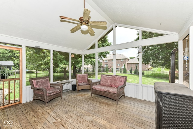 6413 Amber Pass, Plainfield, IN 46168 - sunroom with a ceiling fan, vaulted ceiling, and outdoor lounge area