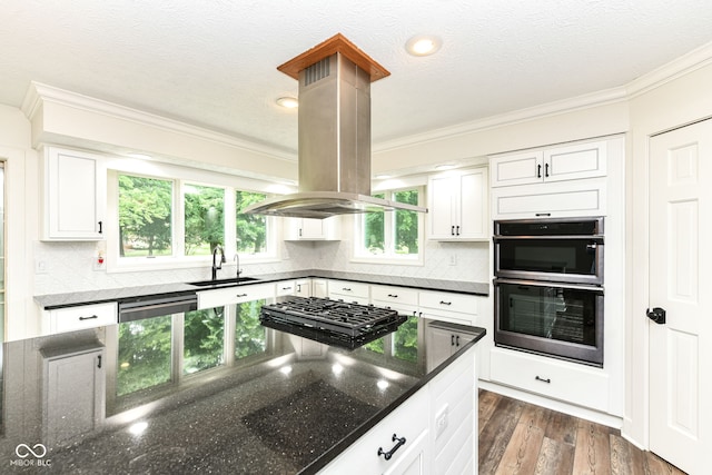 6413 Amber Pass, Plainfield, IN 46168 - kitchen with crown molding, island exhaust hood, appliances with stainless steel finishes, white cabinetry, and backsplash