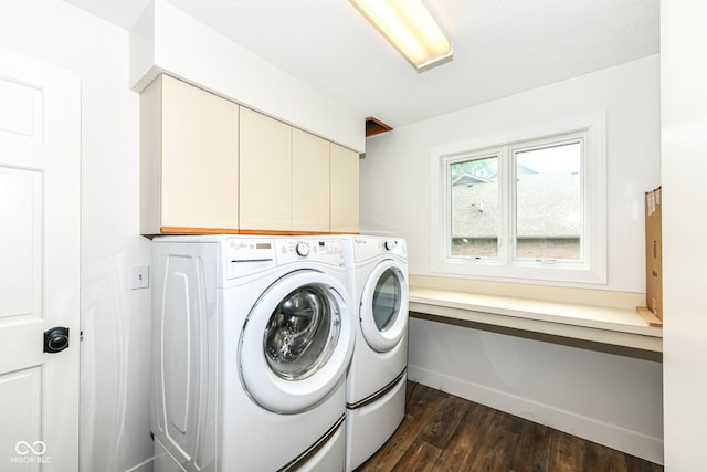 6413 Amber Pass, Plainfield, IN 46168 - laundry area featuring washing machine and clothes dryer, cabinet space, and dark wood-style flooring