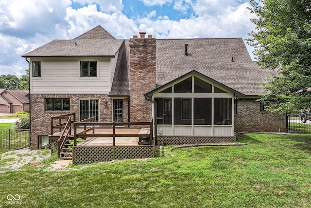 6413 Amber Pass, Plainfield, IN 46168 - back of property with a sunroom, roof with shingles, a chimney, a deck, and brick siding