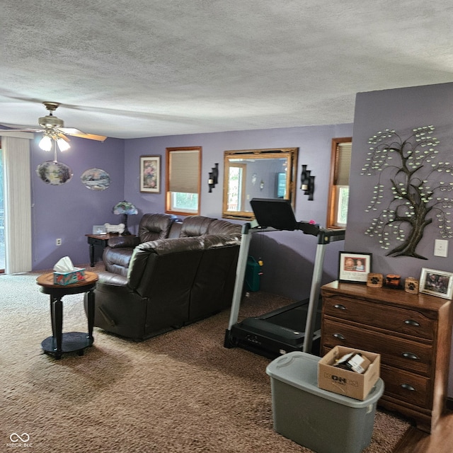 681 Hancock School Rd, Spencer, IN 47460 - living room featuring a textured ceiling, carpet flooring, and ceiling fan