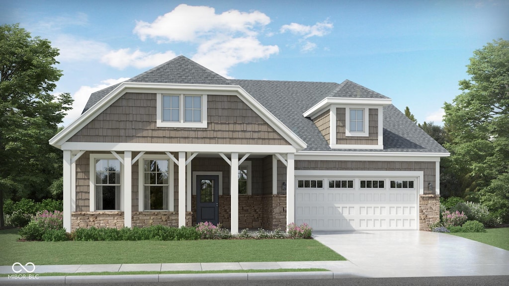 7181 Rose Hill Ave, Brownsburg, IN 46112 - view of front of property with stone siding, a shingled roof, driveway, and a front lawn