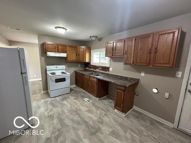 4463 N Bolton Ave, Indianapolis, IN 46226 - kitchen with white appliances, under cabinet range hood, brown cabinets, and dark countertops