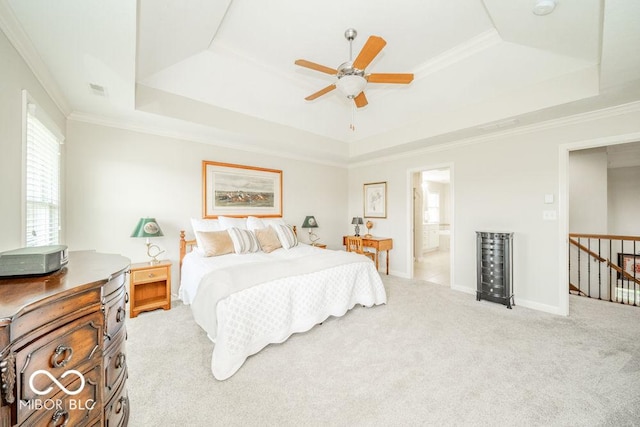 7929 W Bristol Way, New Palestine, IN 46163 - bedroom with a tray ceiling, carpet flooring, crown molding, a ceiling fan, and ensuite bath