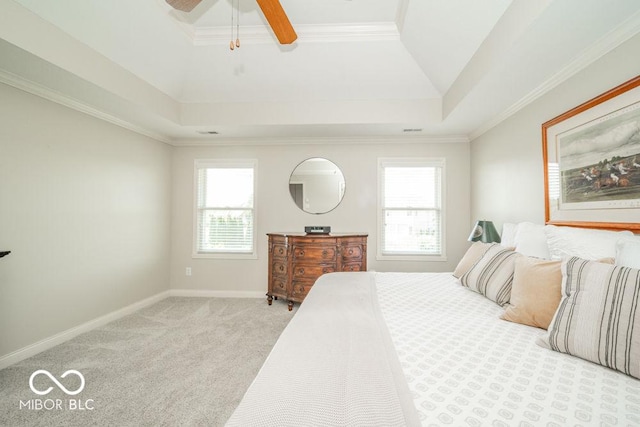 7929 W Bristol Way, New Palestine, IN 46163 - bedroom featuring ornamental molding, a tray ceiling, carpet flooring, and a ceiling fan
