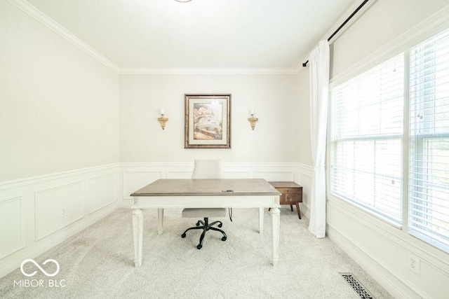 7929 W Bristol Way, New Palestine, IN 46163 - home office featuring light carpet, a wainscoted wall, ornamental molding, and a decorative wall