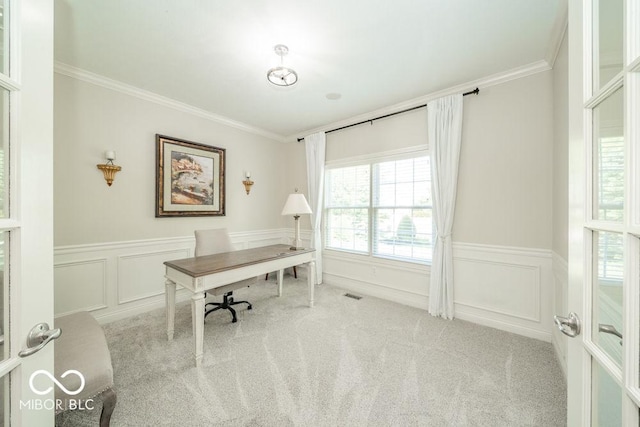 7929 W Bristol Way, New Palestine, IN 46163 - home office with crown molding, a wainscoted wall, carpet floors, and a decorative wall